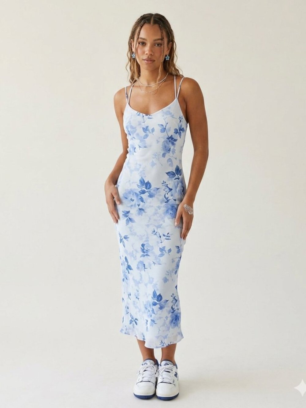 VTG 9/10 Y2K Blue Floral Maxi Slip Dress Fairy Romantic Strappy